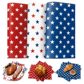JarThenaAMCS 150 Pcs Patriotic Wax Paper Red White Blue Star Deli Paper Sandwich Wrap 4th of July Independence Day Waterproof Oil-Proof Basket Liner for Food Picnic Kitchen Party Supplies