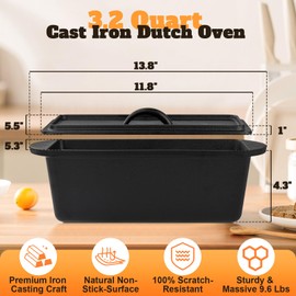 Rectangular Cast Iron Dutch Oven for Bread Baking, Cast Iron Sourdough Bread Pan with Lid Handles Lame, Even Heat Bread Baking Pan for Homemade Bread Cake Meatloaf, 3.2QT