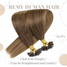 LaaVoo 60 cm Real Hair Bonded Extensions, Balayage, Keratin, U-Tip, Remy Extensions, Medium Brown to Light Brown and Darkest Blonde, #6/8/14, 1 g/Strand, 50 g/50 Strands