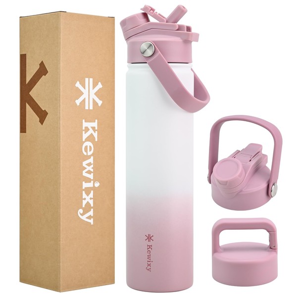 KEWIXY 24 oz Insulated Water Bottle, 2-in-1 Lid, Straw &