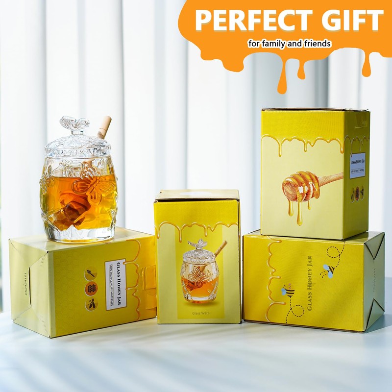 kanpura Clear Crystal Honey Jar with Dipper and Lid, Honey