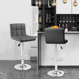 Kemon Bar Stools Modern PU Leather Height Adjustable Swivel Barstools Armless Kitchen Counter Bar Chairs Hydraulic Island Bar Stools with Back and Footrest Set of 2(Grey)