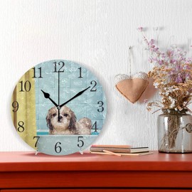 Reloj de pared con diseño de números árabes lindo húmedo Shitzu perro redondo reloj de pared para sala de estar, baño, decoración del hogar