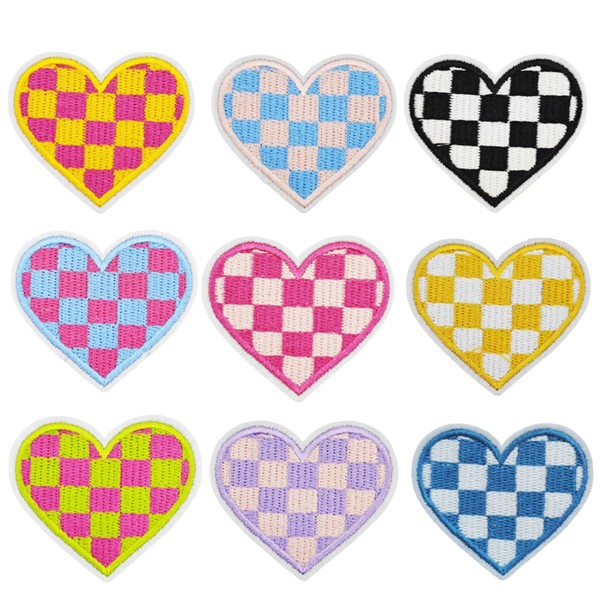 JMZLLRX 9 PCS Checkered Heart Iron On Patch Checkered Embroidered