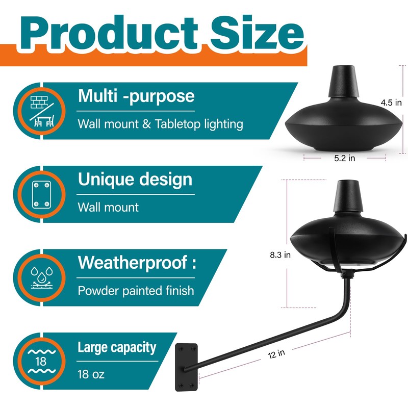 FAN-Torches 6 Pack Wall Mounted Citronella Torches, 18 oz Garden