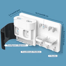 TuCao 2 Electric Toothbrush Holders Wall Mounted, DENSAIL Double Automatic Dispenser with Dust-Proof Cover, 2 Toothpaste Squeezer, 4 Toothbrush Organizer Slots