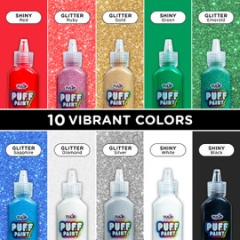 Tulip Glitter Puff Paint Pack, Permanent Multi-Surface Craft Paint for Drawing, Marbling, Hand Lettering or Dot Art Techniques, Use on Fabrics, Decor, Rock Painting, Egg Painting, Ornaments, 10 Colors