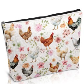 Luvsweets Chicken Lovers Gifts Makeup Bag Floral Chicken Cosmetic Bag with Zippers, Funny Farm Animal Gifts for Daughter Sister Mother Besties Friends Familes Birthday Christmas Valentines Presents