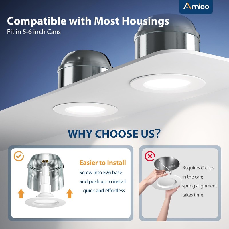 Amico 5/6 inch 5CCT LED Recessed Lighting 4 Pack, 12W=100W,