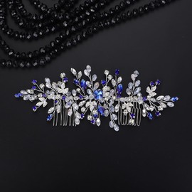 Teyglen Bride Wedding Rhinestone Hair Comb Bridal Crystal Headpiece Blue Crystal Wedding Headband with Comb Handmade Leaf Hair Piece Hair Accessories for Women Girls (Blue)