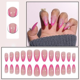 French Almond Press on Nails Medium Fake Nails Pink Nail and Golden Ripple Pattern Acrylic False Nail Design Full Cover Stick on Nails Glue on Nails for Women and Girls DIY 24PCS