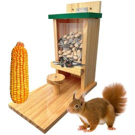 LENEDI Wooden Squirrel Feeder, Squirrel Feeders for Outside with Corn Cob Holder and Round Stool, Wood Waterproof Picnic Table Funny Chipmunk House Nuts Bar for Backyard Garden Outdoor