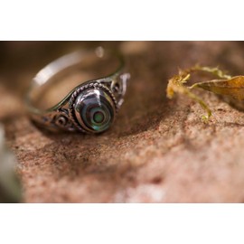 WINDALF Lucy Delicate Vintage Ring 9 mm Sea Opal with Life Spirals Bohemia Women's Ring Friendship Ring 925 Sterling Silver, Fabric, Opal