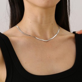 RWQIAN Flat Necklace Women's Snake Chain Herringbone Pattern Chain Golden Silver Choker Jewellery, Stainless Steel