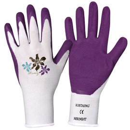 ROSTAING NERINE Gloves - A Pair of Latex Multi-Purpose Protective Gloves - Ideal Protection for DIY and Gardening in Humid Environments - Planting Gloves - Purple and White