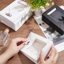 NBEADS 24 Pcs Gift Bag with Clear Window, Black White Kraft Paper Bags Stand up Gift Bag with Handles Bowknot Decorative Gift Wrap Bags for Valentine's Day Christmas 6.3x4.7x2.4inch