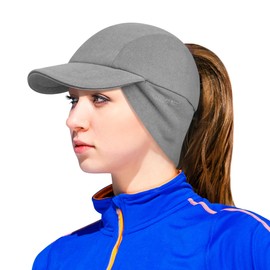 Women's Fleece Ponytail Hat, Double Layer Warmth, with Drop Down Ear Warmer, Reflective Design Suitable for Winter Running, Light Grey, 6 7/8-7 1/4
