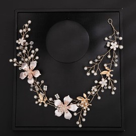 Teyglen Gold Flower Wedding Headband Hair Vine Bridal Leaf Pearl Headpieces Handmade Floral Hair Pieces Hair Accessories for Bridesmaid Women Flower Girl