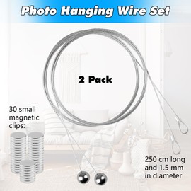 Pack of 2 Photo Ropes, Photo Hanging, Picture Hanging Cord with 30 Button Magnets, Photo Wire Rope, Stainless Steel Photo Chain for Wall Postcards, Polaroid (250 cm x 1.5 mm)