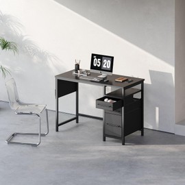 Ｍａｉｈａｉｌ Maihail Small Desk with Drawers, 40 inch Computer Desk with Shelves, Writing Desk with Storage, Small Office Desk with Metal Frame, Black