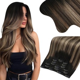Moresoo Black And Blonde Clip in Hair Extensions Real Human Hair Ombre Human Hair Clip in Extensions 24 inch Balayage Natural Black to Dark Brown with Dark Golden Blonde 150g/7pcs 24in