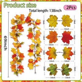 2 Pack Fall Maple Leaf Garland Decor Autumn Hanging Vine Garland Artificial Autumn Leaves Thanksgiving Decorations for Fall Indoor Outdoor Home Fireplace Stairs Party Supplies (Maple Leaf-O)