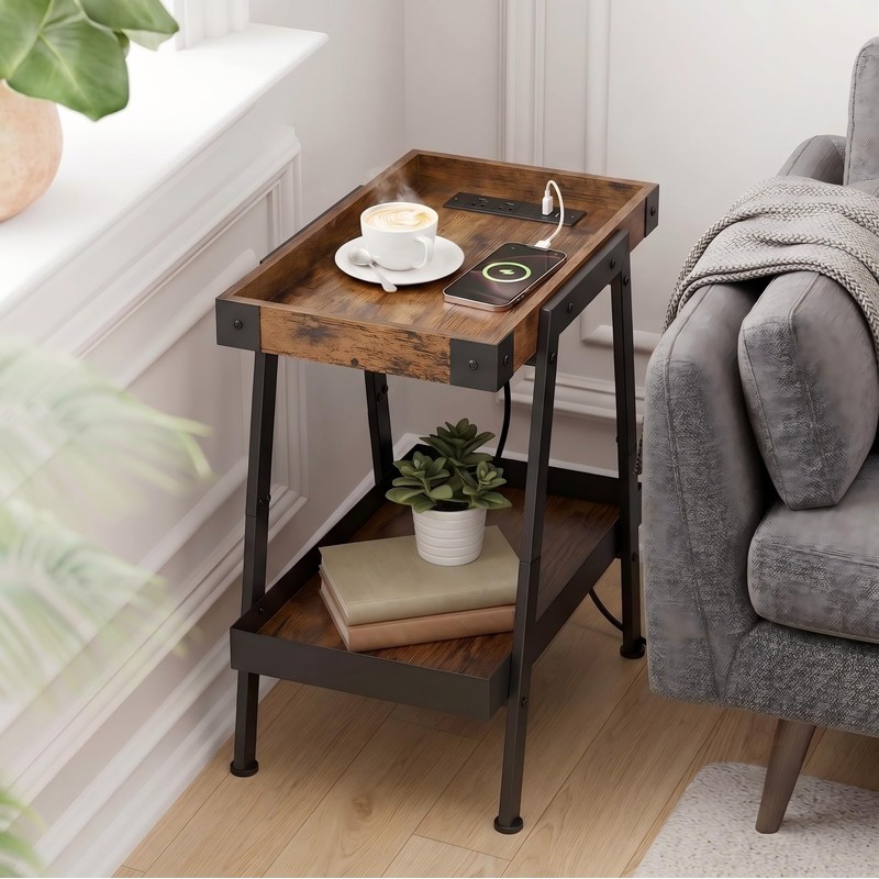Farmhouse Side Table with Charging Station