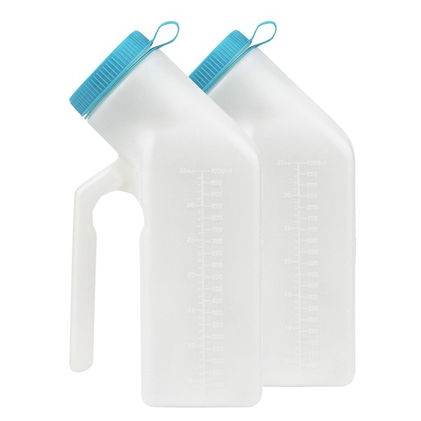 35 oz Male Urinal Bottles (2 Pack) - Plastic Urinal Bottles - Portable Urinal Bottles - Urinal Bottles with Leakproof Screw-On Lid - Urinal Bottles - Easy-to-Read Measurement Lines - Stock Your Home