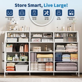 Dresser for Bedroom with 14 Drawers, 55" W Dresser with Side Pocket, Fabric Dressers & Chests of Drawers with Shelves, Sturdy Frame, Wood Top