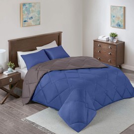 Comfort Spaces Vixie Reversible Comforter Set - Modern Geometric Quaterfoil Cloud Quilted Design, All Season Down Alternative Bedding, Matching Shams, Navy/Charcoal King(104"x92") 3 Piece