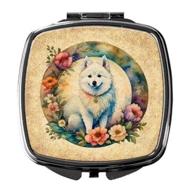Caroline's Treasures American Eskimo and Flowers Compact Mirror Decorative Travel Makeup Mirror for Women Girls Gifts Pocket Makeup Mirror Folding Handheld