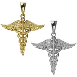 HarlemBling Solid 925 Sterling Silver Caduceus Symbol Pendant - 1" Medium Size - Great For Any Necklace - Show Support For Healthcare Workers, Nurses, & Doctor (14k Gold Finish)