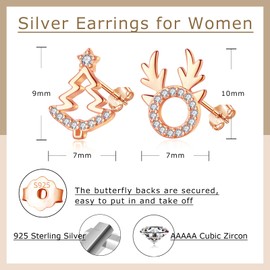 Estrellique 925 Sterling Silver Stud Earrings, Silver Christmas Earrings Women, Snowflake & Christmas Tree & Elk with White Cubic Zirconia Earrings, Hypoallergenic Cartilage Sleeping Stud Earrings for