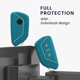 kwmobile Car Key Cover Compatible with VW Golf 8 3 Button Car Key Key Cover - Silicone Protective Car Key Fob Case - Petrol/White