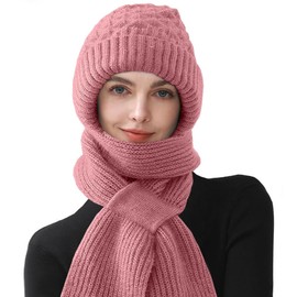 CheChury Knitted Hat with Scarf Attached Womens 2 in 1 Winter Fleece Lined Knitted Beanie Hooded Scarf Integrated Ear Protection Windproof Cap Scarf Warm Hat and Scarf Set for Women,Pink