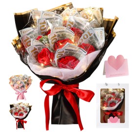 Thiccywoov Money Flower Bouquet Wedding Money Bouquet Kit for Cash Gift Cash Nosegay Flowers with Bag for Birthday Party Anniversary(Red)