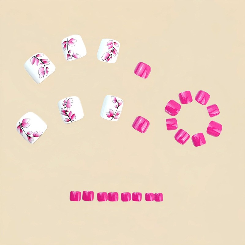 Spring Press on Toenails White Fake Toe nails with Pink