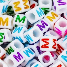 500Pcs White Cube Letter Beads with Colorful Letter M 6x6mm Acrylic Vowel Letter Beads Square Alphabet Loose Beads for DIY Bracelet Necklace Jewelry Making