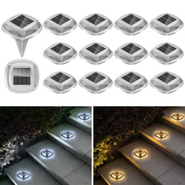 btfarm 14 Pack Solar Dock Lights, 2 Color Modes LED Driveway Solar Lights Outdoor, IP67 Waterproof Driveway Marker Deck Light for Warning Step Sidewalk Pathway Deck Garden Stair Yard, Warm/Cool White