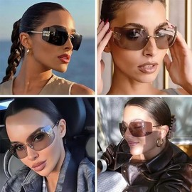 Frameless Sunglasses for Women Men, Fashion Wrap Around Frame Trendy Shield Rimless Design (Gold/Brown)