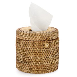 SUMTree Rattan Tissue Box Round Paper Box Organizer for Office Bathroom Living Room Bedroom Garden