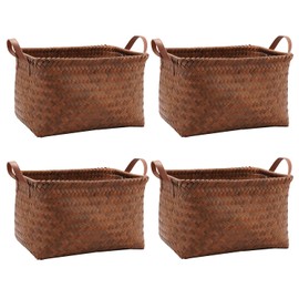 GIB Wicker Storage Baskets for Shelves with Handles 4 Pack, 15"x10"x8" Hand Woven Decorative Rectanguler Baskets Bins Organizer for Blankets Clothes Laundry Bathroom Nursery Picnic, Brown