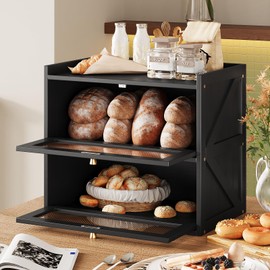 Trironsun Farmhouse Double Layer Black Bread Box with Acrylic Door for Kitchen Counter