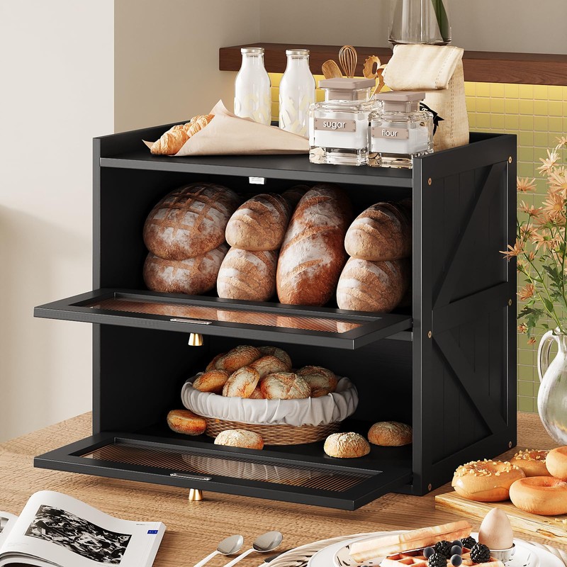 Trironsun Farmhouse Double Layer Black Bread Box with Acrylic Door