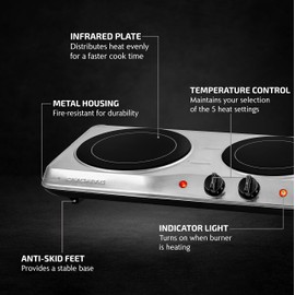 OVENTE Countertop Infrared Double Burner, 1700W Electric Hot Plate and Portable Stove with 7.75" and 6.75" Ceramic Glass Cooktop, 5 Level Temperature Setting and Easy to Clean Base, Silver BGI102S