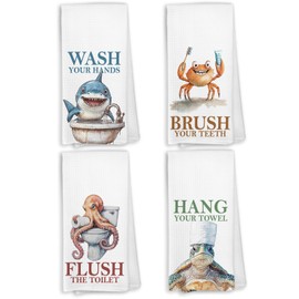 KTYHD Funny Coastal Beach Kids Hand Towels, Ocean Beachy Shark Crab Octopus Sea Turtle Bathroom Hand Towels Decorative Set, Beach Gifts for Women Men, Coastal Kids Bathroom Decor Dish Cloths &