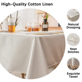 PUDSIRN Table Cloth, Polyester Waterproof Tablecloths, Rectangle Wrinkle Free Tassel Table Clothes for Kitchen Dining, Party, Holiday (140 x 140 cm, Beige)