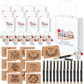 Clabby 48 Pcs Thank You Teacher Appreciation Gifts, Includes 12 Teacher Gifts Bags, 12 Thank You Cards with Envelopes, 12 Stainless Steel Keychains, 12 Inspirational Pens for Teaching Appreciation