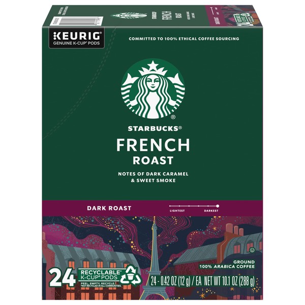 Starbucks Coffee K-Cup Pods, French Roast, Dark Roast Coffee, Notes of Dark Caramel & Sweet Smoke, Keurig Genuine K-Cup Pods, 24 CT K-Cups/Box (Pack of 1 Box)