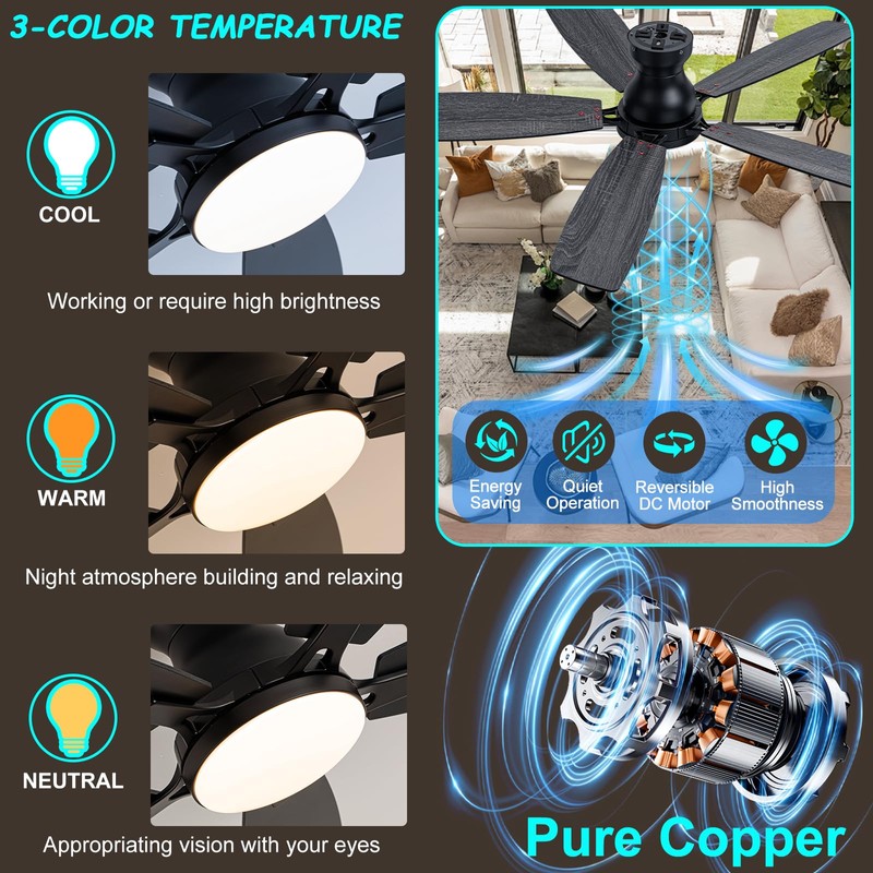 52in Black Ceiling Fan with Light, Flush Mount, Remote APP